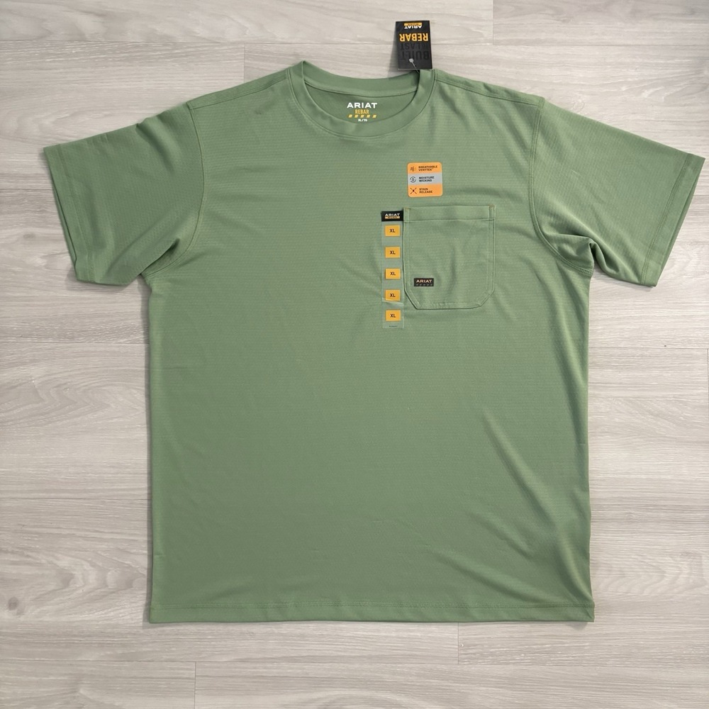 Ariat Rebar Work T-Shirt Mens Green VentTEK Moisture Wicking Pocket Size XL NWT